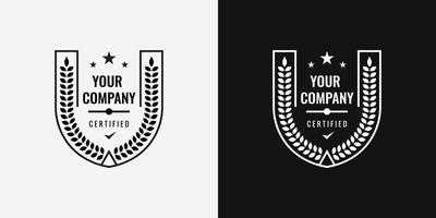 Insignia de logotipo para empresa certificada en blanco y negro. diseño adecuado para certificación, aniversario, etiqueta de empaque, logotipo de alimentos y bebidas, etc. plantilla de ilustración vectorial. vector