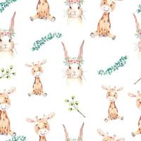 set group watercolor cute animals bunny and giraffe seamless vector