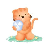Cute cat holding a ball in watercolor style. vector