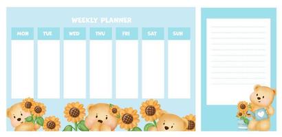 weekly planner with cute watercolor bear in sunflower field. vector