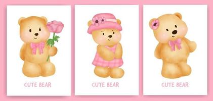 Cute teddy bear holding a flower card set in watercolor style. vector