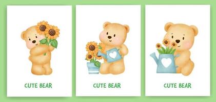 Cute teddy bear greeting card set in watercolor style. vector