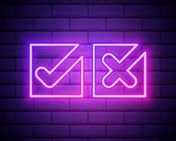 Neon check mark and cross on brick wall. Pink tick and decline symbol isolated on brick wall. Accept and reject. Right and wrong. Bright neon design for games, app, web page. Vector illustration.