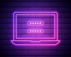 Glowing neon Laptop with password notification icon isolated on brick wall background. Concept of security, personal access, user authorization, login form. Vector Illustration