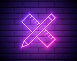 Glowing neon Crossed ruler and pencil icon isolated on brick wall background. Straightedge symbol. Drawing and educational tools. Vector Illustration