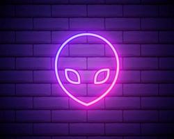 Glowing neon Alien icon isolated on brick wall background. Extraterrestrial alien face or head symbol. Vector Illustration