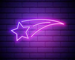 Glowing neon Falling star icon isolated on brick wall background. Shooting star with star trail. Meteoroid, meteorite, comet, asteroid, star icon. Vector Illustration