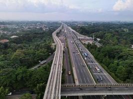 Jakarta, Indonesia 2021- Aerial view of highway intersection in the city of Jakarta photo