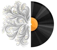 Vector image of a musical record with a pattern or engraving in a realistic style with cartoon elements. EPS 10. Isolated on white background