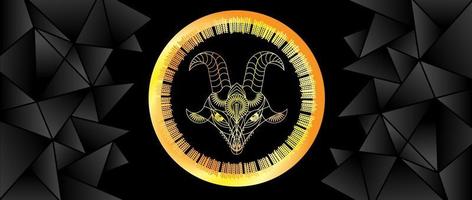 Big horned beast. Goat. Geometric interpretation. Background image of a goat in gold on a black background. Vector