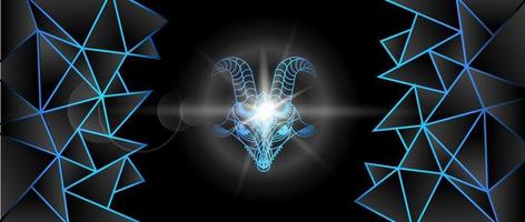 Big horned beast. Goat. Geometric interpretation. Background image in neon blue tones. Vector