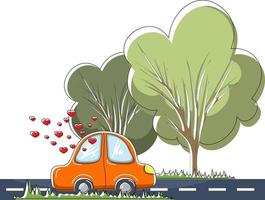 vector de la imagen de un coche conduciendo por una carretera asfaltada. Los corazones desde la ventanilla del automóvil indican una relación cálida entre las personas que viajan en él. el concepto de crear una familia o el nacimiento de sentimientos