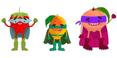 Set of superhero fruits. Strawberry, mango and peach in cartoon style. vector