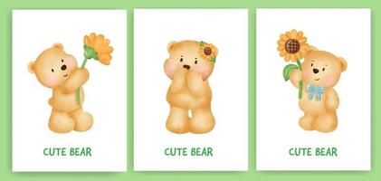 Cute teddy bear greeting card set in watercolor style. vector