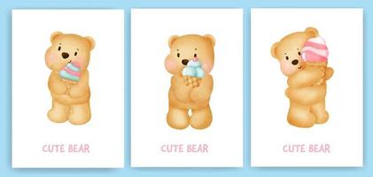 Cute teddy bear holding a ice cream greeting card set in watercolor style. vector