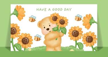 Watercolor cute teddy bear in the sunflower field. vector