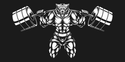 wolf bodybuilder with black white barbell lifting vector