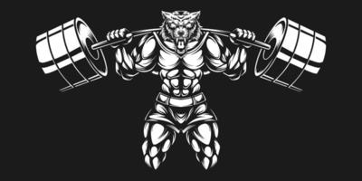 wolf bodybuilder with black white barbell lifting vector