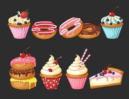 Set of sweet bakery. Vector glazed donuts, cheesecake and cupcakes with cherry, strawberries and blueberries. Desert for menu, advertising and banners. Food design