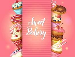 Sweet Bakery background with glazed donuts, cheesecake and cupcakes with cherry, strawberries and blueberries on pink. Hand made lettering. Desert for menu. Food design. vector