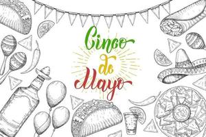 Fondo festivo del cinco de mayo con símbolos dibujados a mano: ají, maracas, sombrero, nachos, tacos, burritos, tequila, globos aislados en blanco. letras hechas a mano. vector