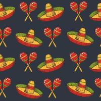 Cinco de Mayo seamless pattern with colored Hand drawn Mexican symbols- maracas and sombrero on black. Sketch. For wallpaper, web page background vector