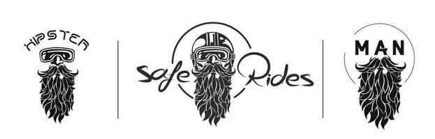 Sketch of hipster rider wearing a helmet for safe ride logo, vector illustration.