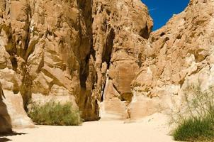 Desert canyon with high stone cliffs photo