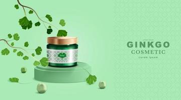 Cosmetics or skincare product. Bottle mockup and Ginkgo Leaves with green background. vector