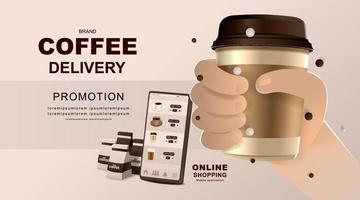 Online concept. Coffee shop delivery on mobile. Food and drink order application. vector