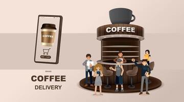 Online concept. Coffee shop delivery on mobile. Food and drink order application. vector