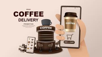 Online concept. Coffee shop delivery on mobile. Food and drink order application. vector