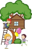 casa del árbol con muchos niños haciendo diferentes actividades. vector