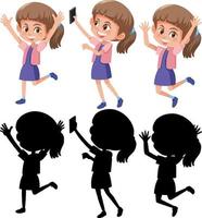 Set of a girl cartoon character in different positions with its silhouette vector