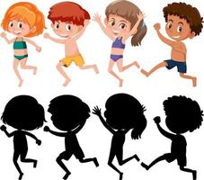 Set of different kids cartoon character in summer theme with silhouette vector