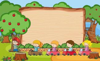 Playground scene with blank banner many kids doodle cartoon character vector