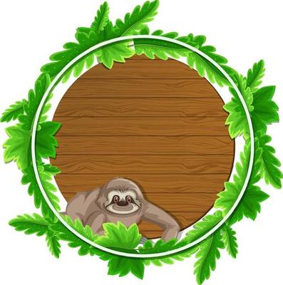 Round green leaves banner template with a sloth cartoon character