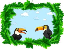 Empty banner with tropical leaves frame and toucan cartoon character vector