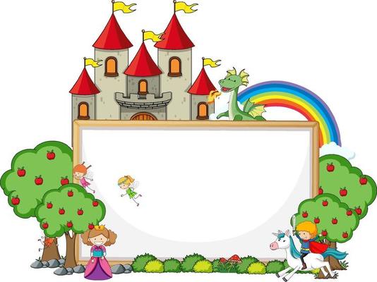 Empty banner with fairy tale cartoon character and elements isolated