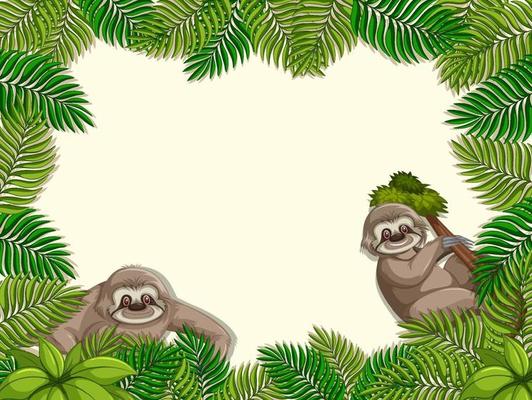 Empty banner with tropical leaves frame and sloth cartoon character