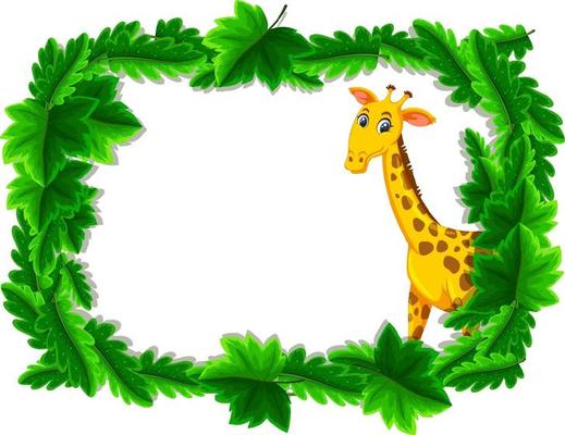 Empty banner with tropical leaves frame and giraffe cartoon character