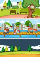 Conjunto de fondo de diferentes escenas horizontales con personaje de dibujos animados de niños doodle vector