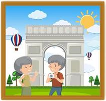 A picture of an old couple with Arc de Triomphe vector