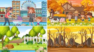 Set of different nature scenes cartoon style vector