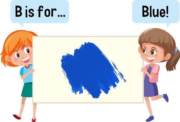 Cartoon character of two kids holding colour vocabulary banner