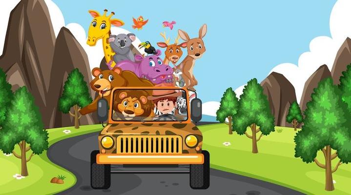  Escena de safari con animales salvajes en el coche jeep.   Vector en Vecteezy