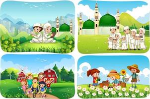 Set of muslim people cartoon character in different scene vector