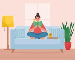 Woman sitting on the couch and reading a book vector