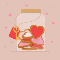 Homemade ginger cookies in the form of hearts in a glass jar vector