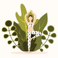 mujer practicando postura de árbol asana vector